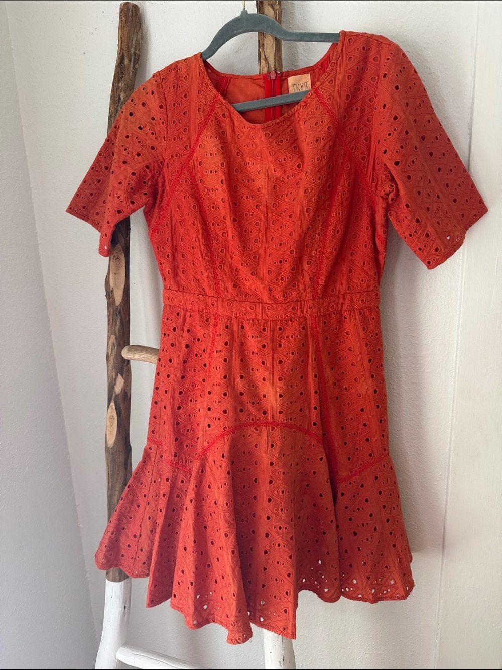 TryB Cotton Eyelet Short Sleeve Mini Dress in Rust Orange Fit & Flare Medium 6